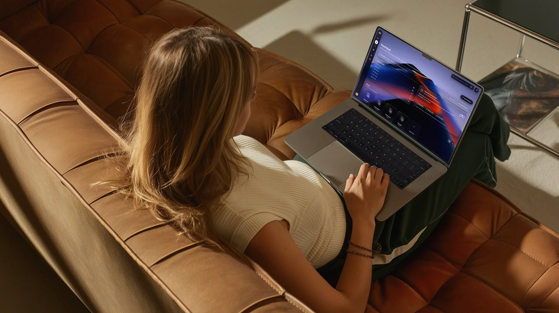 Carly bringing a deal the proof it needs, on a laptop from the couch