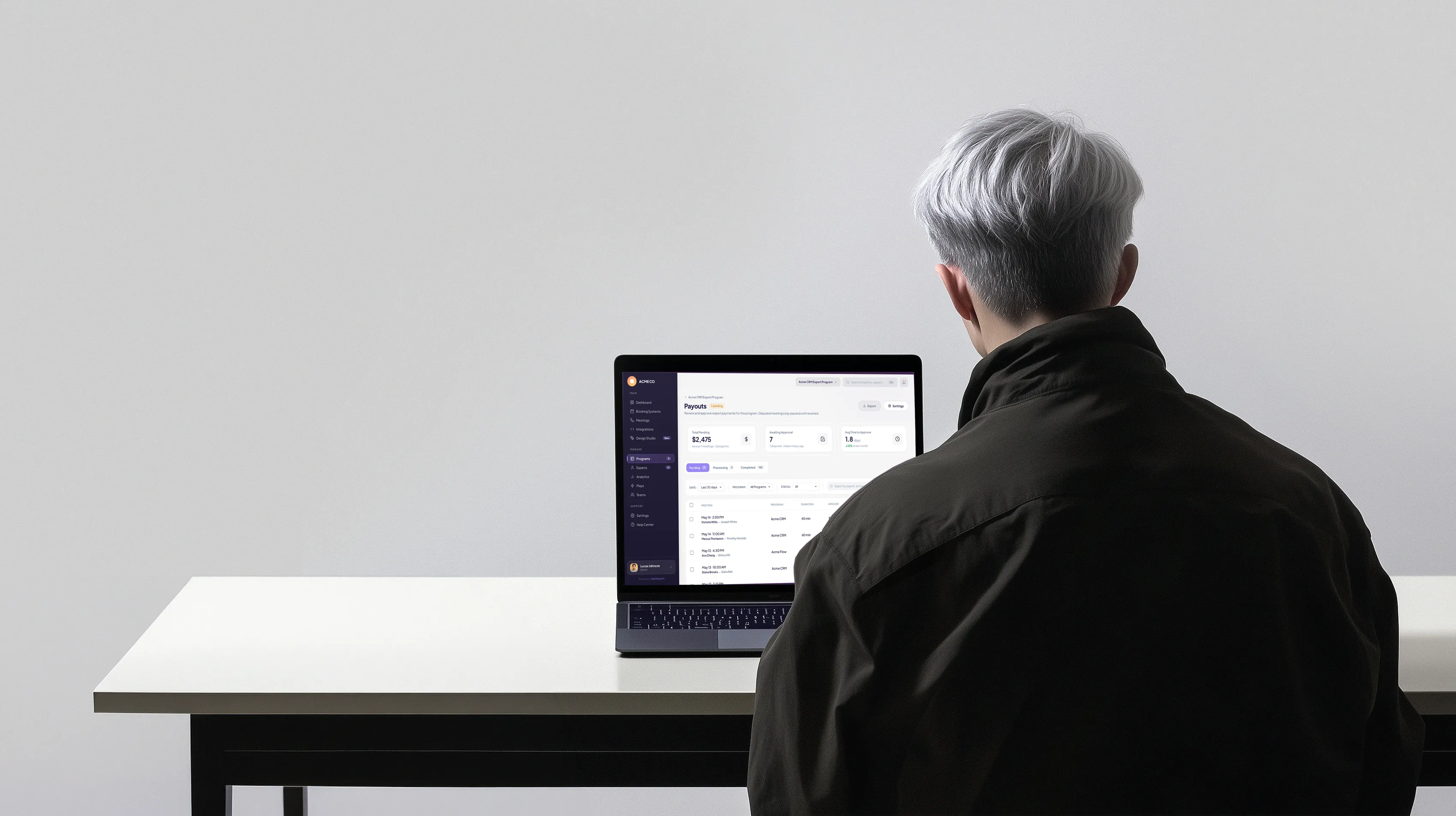 The payouts screen — reviewing and approving expert compensation for a booking program