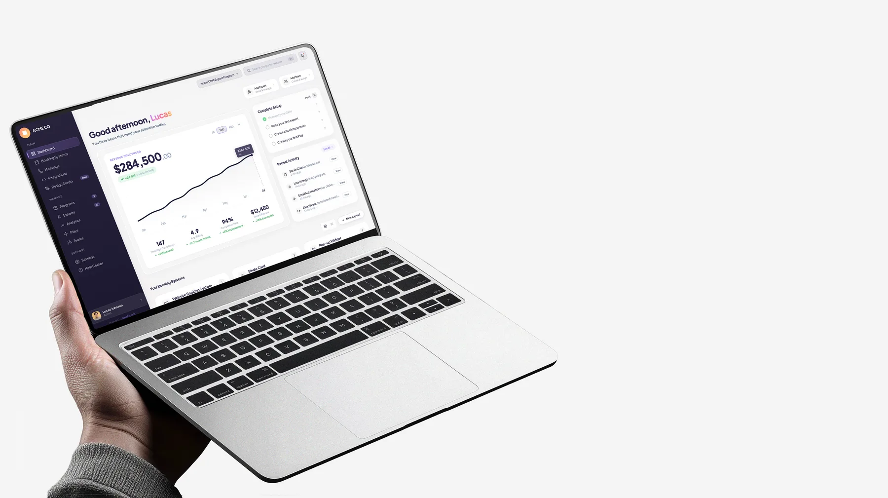 Company dashboard — revenue influenced, active experts, and booking activity