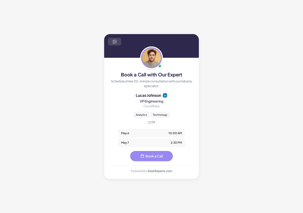 Single expert card — a compact embeddable card featuring one matched customer-expert.