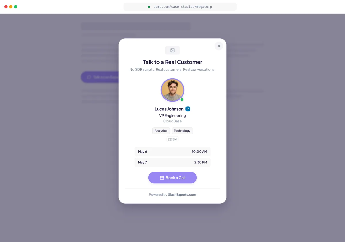 Pop-up widget — a booking modal triggered by a CTA button, showing the matched expert and open slots.