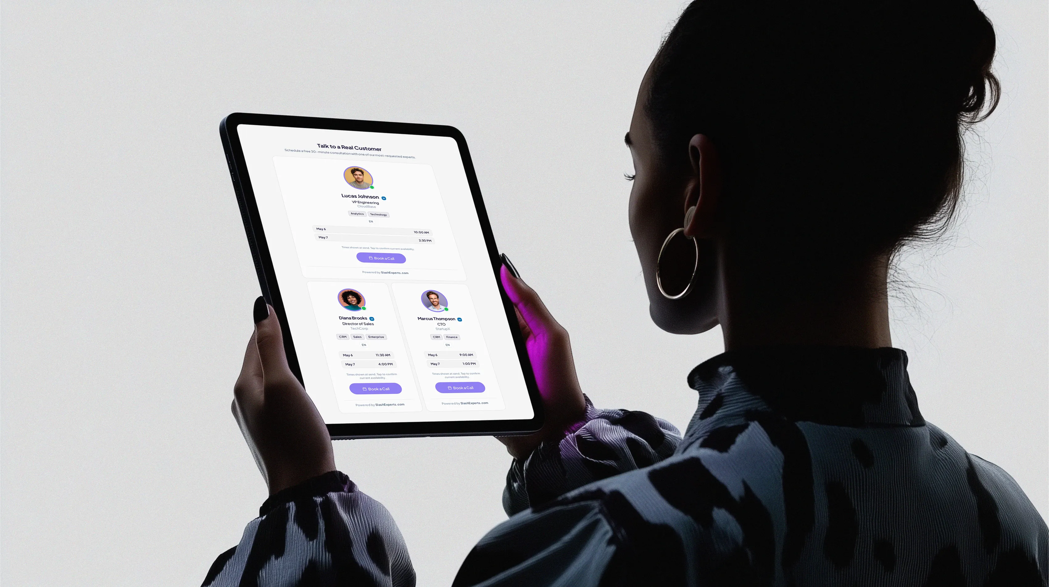 A single shareable expert card sent into a live deal — one matched customer-expert with open times and a book-a-call button